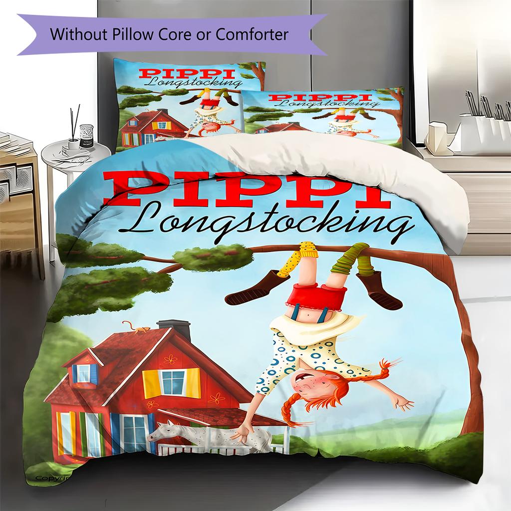 Pippi Longstocking Pattern Bedding,Quilt Set Quilt Cover Pillowcase Home Birthday Gift (1 * Duvet Cover + 2 * Pillowcase, Without Core)