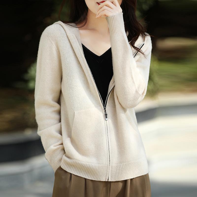 

Кардиган из шерсти первой линии для женщин на осень и зиму, куртка с капюшоном на молнии, повседневный свободный топ с длинными рукавами M