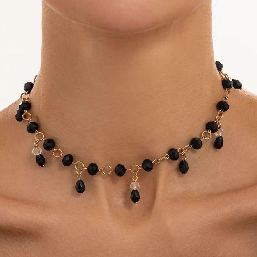 KunJoe Vintage Exquisite Schwarz Rot Kristall Perlen Quaste Anhänger Halskette Damen Gotisch Handgefertigt Schlüsselbein Kette Halloween Schmuck