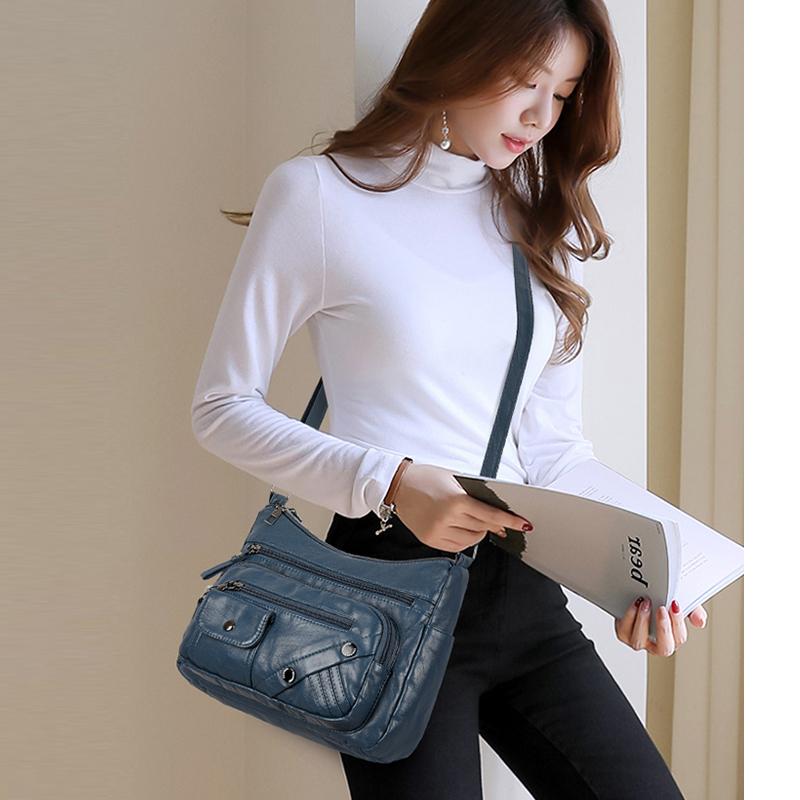Dameveske i mykt skinn Mammaveske Flere rom Flere glidelåser Stor kapasitet Skulderveske Crossbody-veske