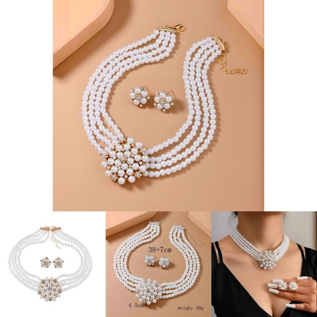 Colar com Pingente de Flor Estilo Europeu e Brincos com Pérola Artificial e Strass