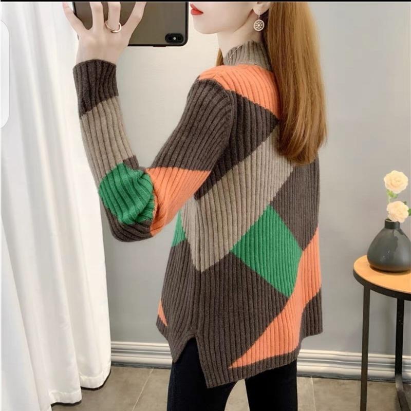 Modischer dicker warmer Pullover für Damen, Herbst und Winter, Strickpullover mit halbhohem Kragen