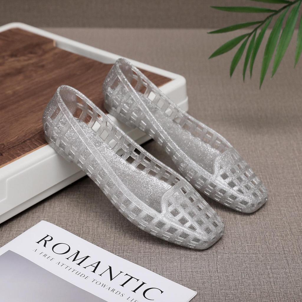 Women's Summer Jelly Sandals: Square-Toe, Hollowed-Out, Closed-Toe, Closed-Heel, Low-Cut, Small Heel, Stylish and Comfortable.