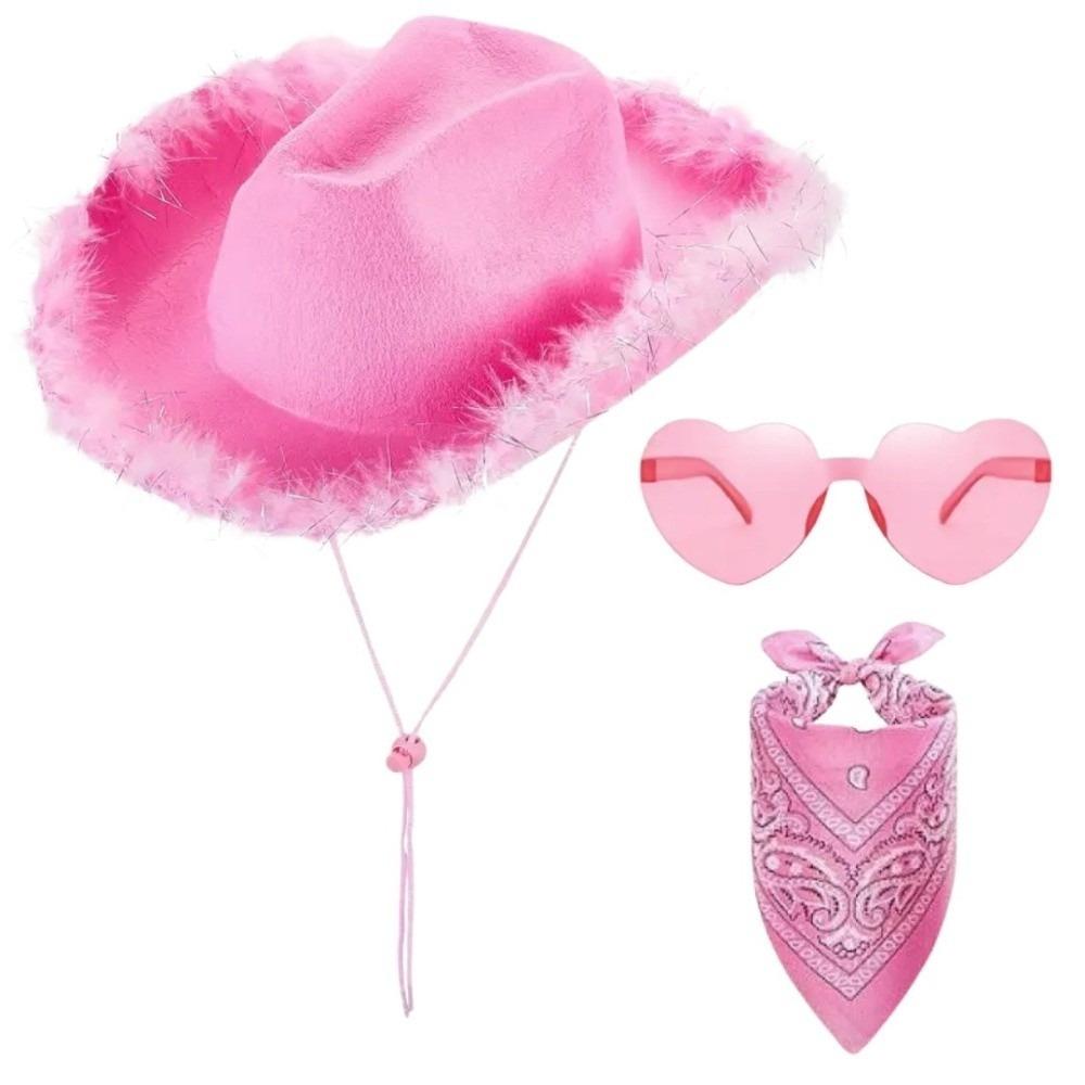 Fluffy Trim Bandana Heart-Shaped Glasses Pink Halloween Costume Accessories Set Cowboy Hat Women