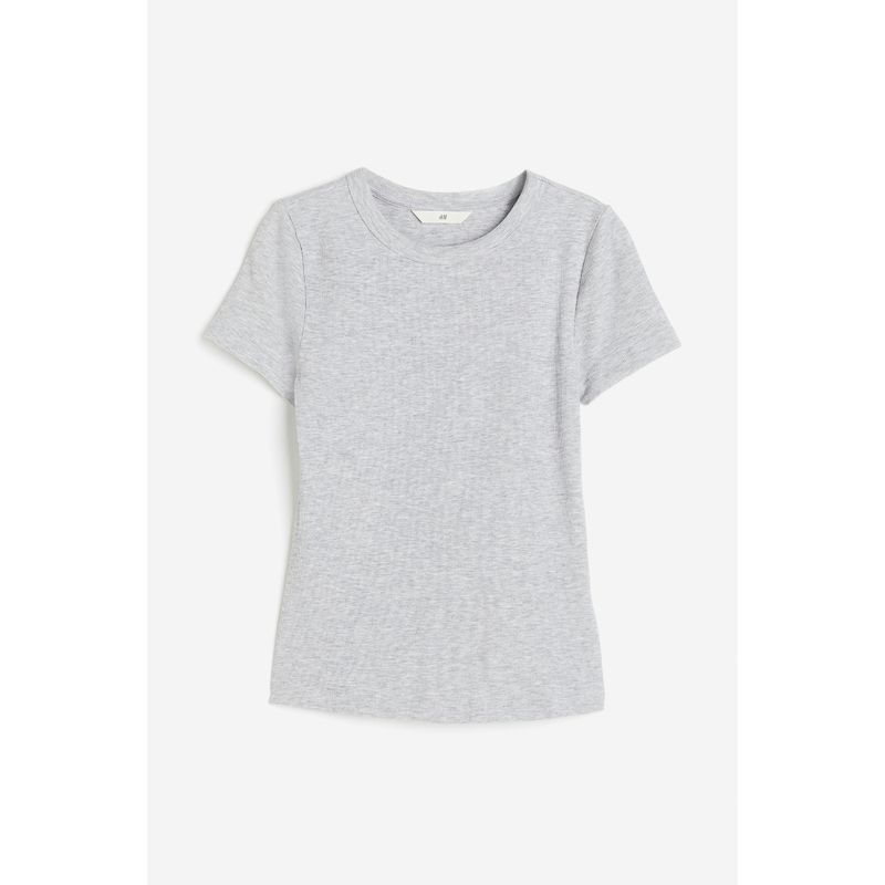 

HM Women s T-shirt Autumn Women s Soft Plaid Silm Casual Straight round Neck Short Sleeve Tops 1157799 Mixed light gray 170/116A