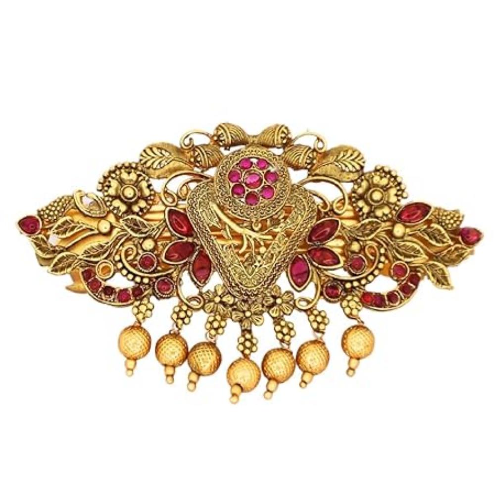 Traditional Gold-Plated Hair Barrette Clip With Floral Design And Beads Danglers (Design-1)