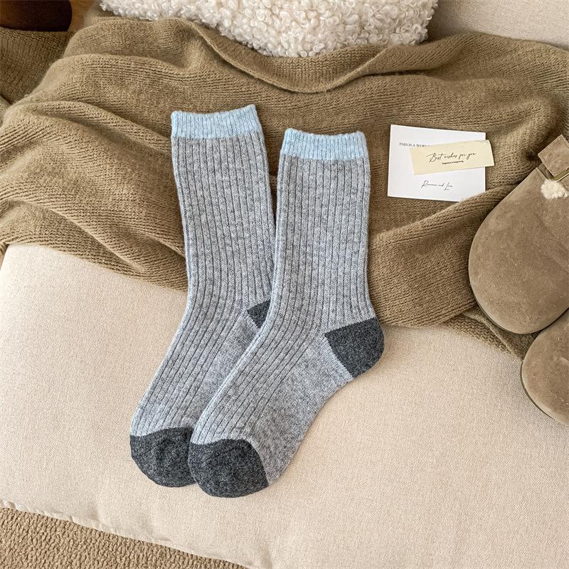 Japanese Color Block Wool Socks Thermal Stackable Crew Socks with Marled Knit Retro Autumn Winter Socks for Birkenstock Shoes