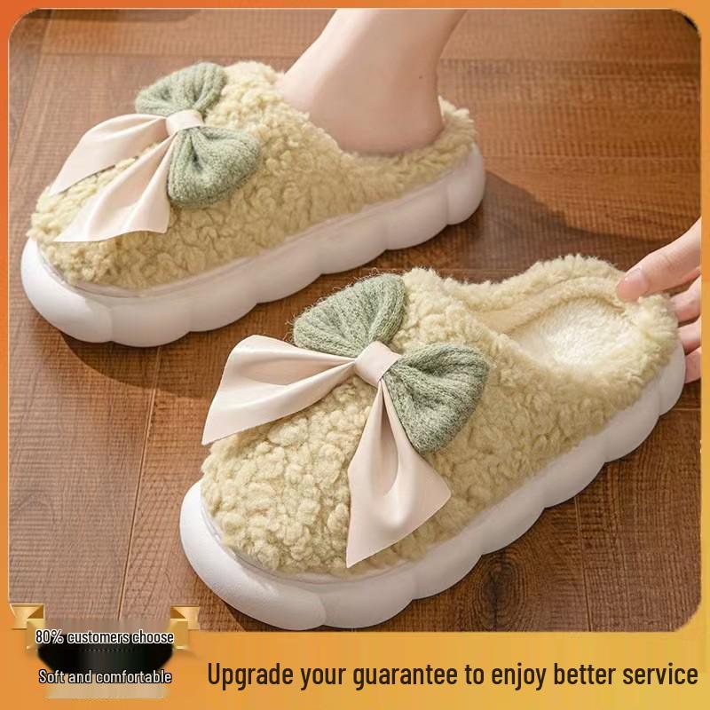 Spot 2025 Women's Indoor Warm Cotton Bow Slippers for Autumn and Winter - Soft Sole