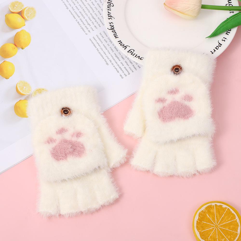 Korean Style Cat Paw Touchscreen Half-Finger Warm Gloves - Fleece-Lined Knitted Design for Students & Ladies