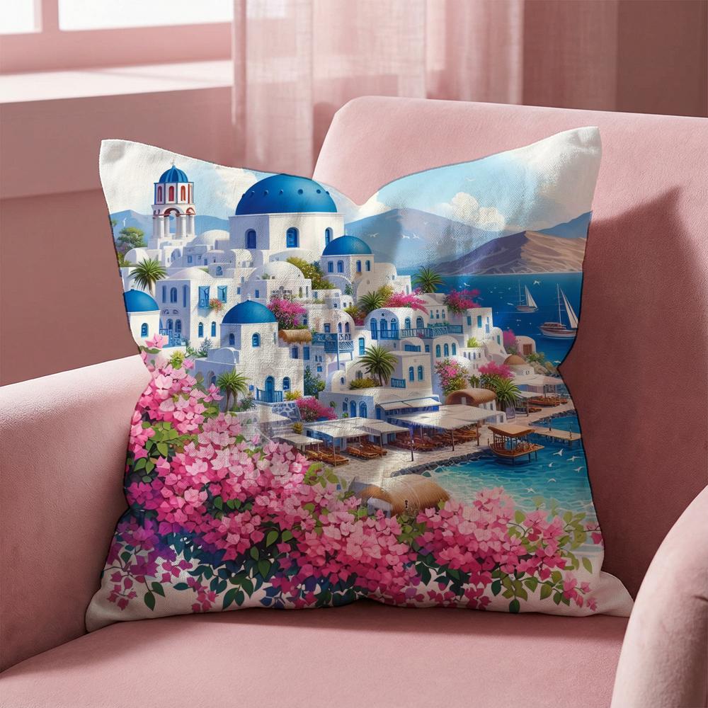 Santorini Landscape Cushion Cover Multi-Scene Pillow Cover for Home & Car - Reversible, Soft & Durable for Daily Use