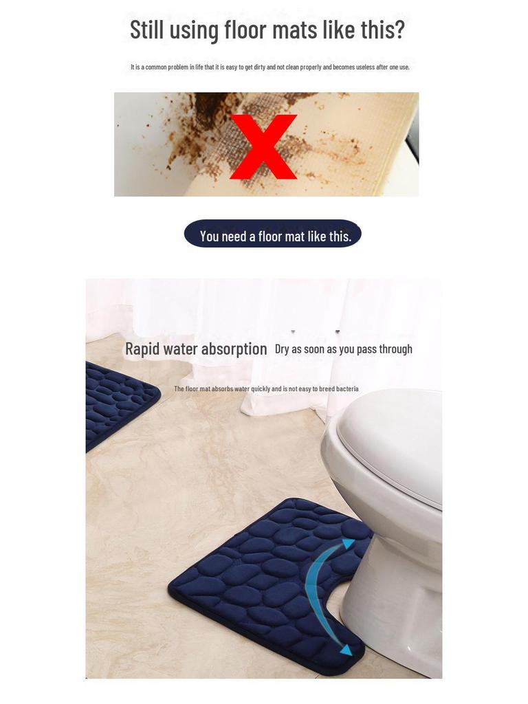 Dreiteiliges Badezimmermatten-Set mit Kieselsteinen für eine rutschfeste, saugfähige und stilvolle Badezimmerdekoration.