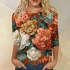 Women's Fashion Casual Round Neck Three-quarter Sleeve Retro Floral Print T-shirt Top