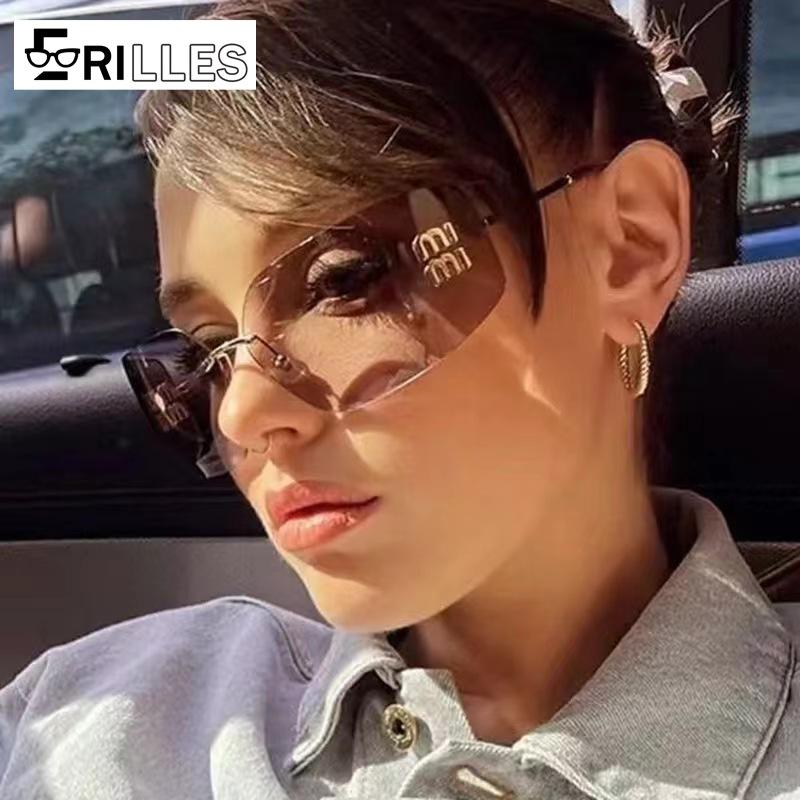 Bai Fen Bai Electronic 3C Women's Purple Curved One-Piece Sunglasses, Frameless Square Cut-Edge Design, Uv400 Protection, High-End Street Style