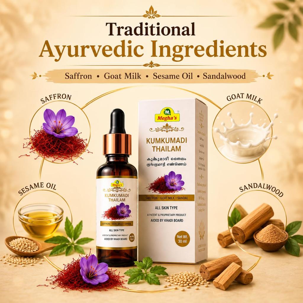 Megha's Kumkumadi Tailam Face Oil 30 Ml | Kumkumadi Oil for Face/Kunkumathi Thailam With Kashmiri Saffron & Sandalwood for Glowing Skin, Dark Spo