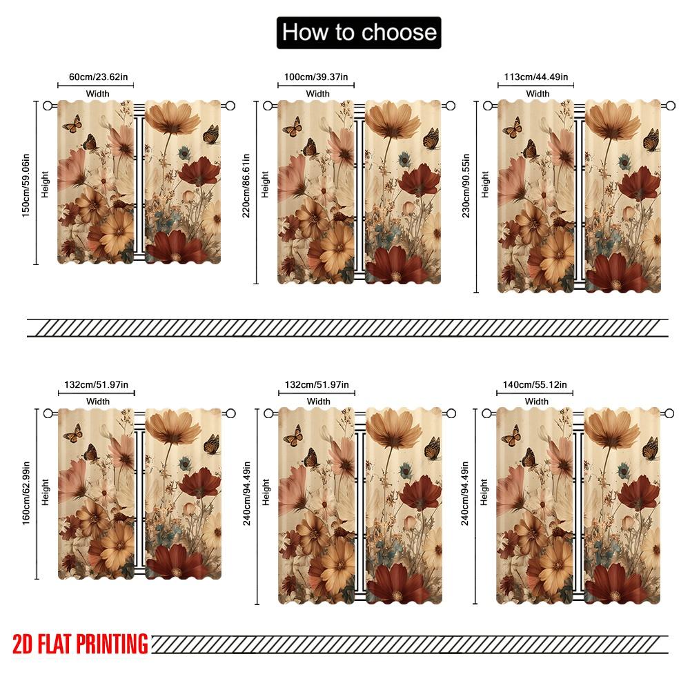 2pcs,2D Plane Printing Curtains Roller Blinds Butterfly Blooms Polyester Fabric (without Rod) Gifts Use for Living Room, Bedroom