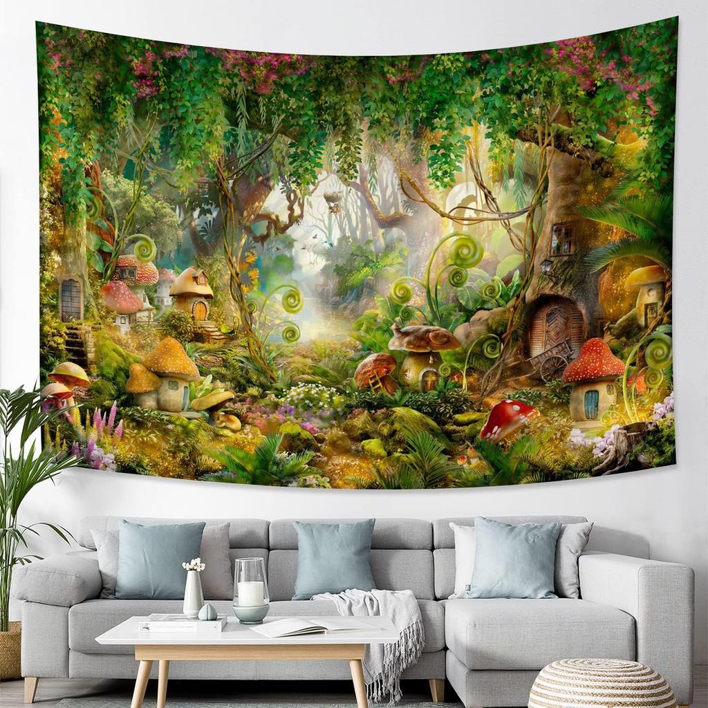 Fantasy Forest Tapestry Enchanted Mushroom Magical Tapestry Fairytale Wonderland Tree House Tapestries Wall Hanging Art For Kids
