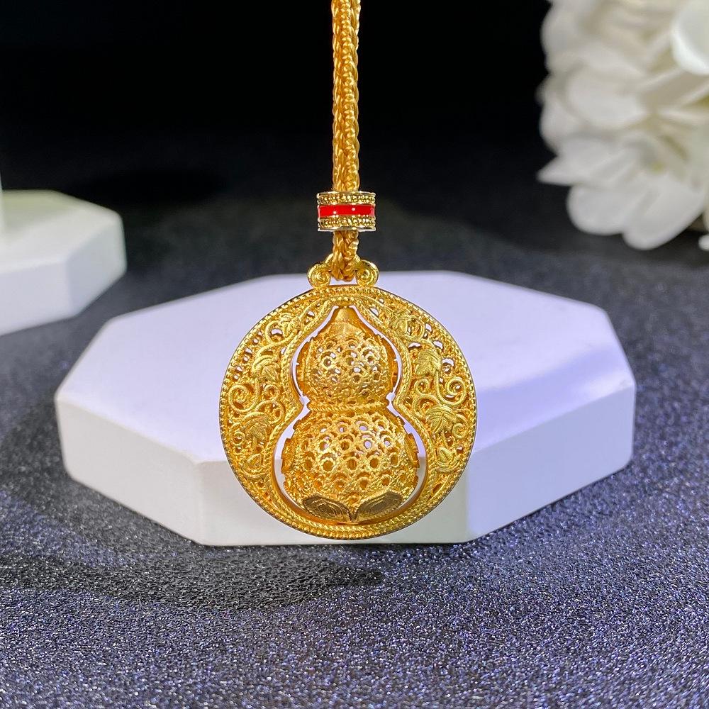 Gold Fu Character Pendant Necklace: Ancient Style, Braided Rope, Five Blessings Design