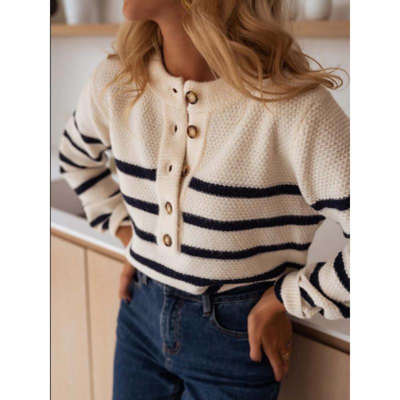 New Autumn and Winter Sweater Buttons Half-open Collar Striped Pullover Tops Fashionable Buttons Cardigan Sweater for Women