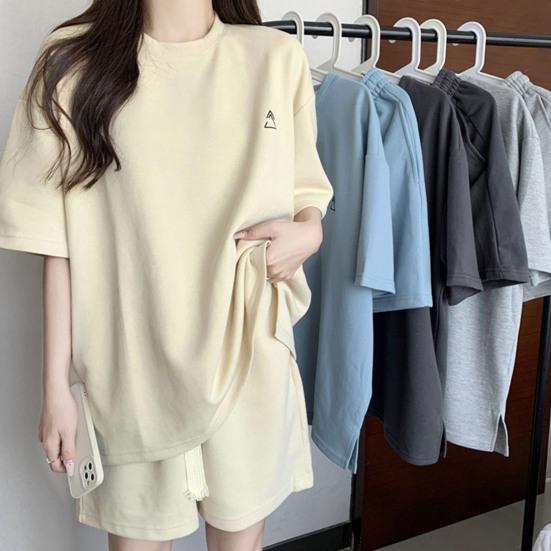 2 ks/sada O-neck s krátkým rukávem Ležérní outfit Elastický pas Kapsy se stahovací šňůrkou Dámské Jednobarevné tričko Široké nohavice Set Streetwear