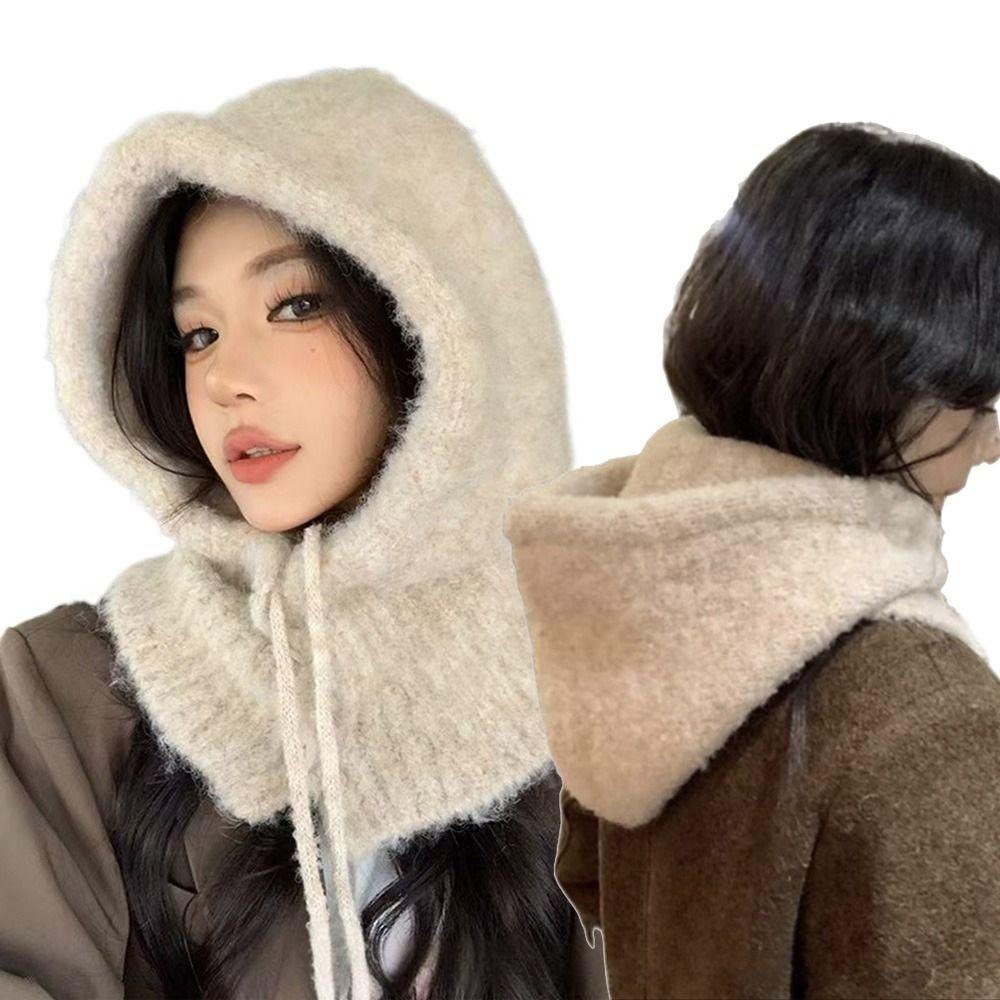 Solid Color Women  Balaclava Hat and Scarf Integrated Windproof Cap Knitted Pullover Hat  Outdoor