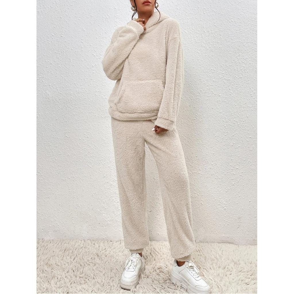 Fall Winter New Solid Fleece Hooded Long Sleeve Top & Pants Set, Casual Women's Outfit For Women