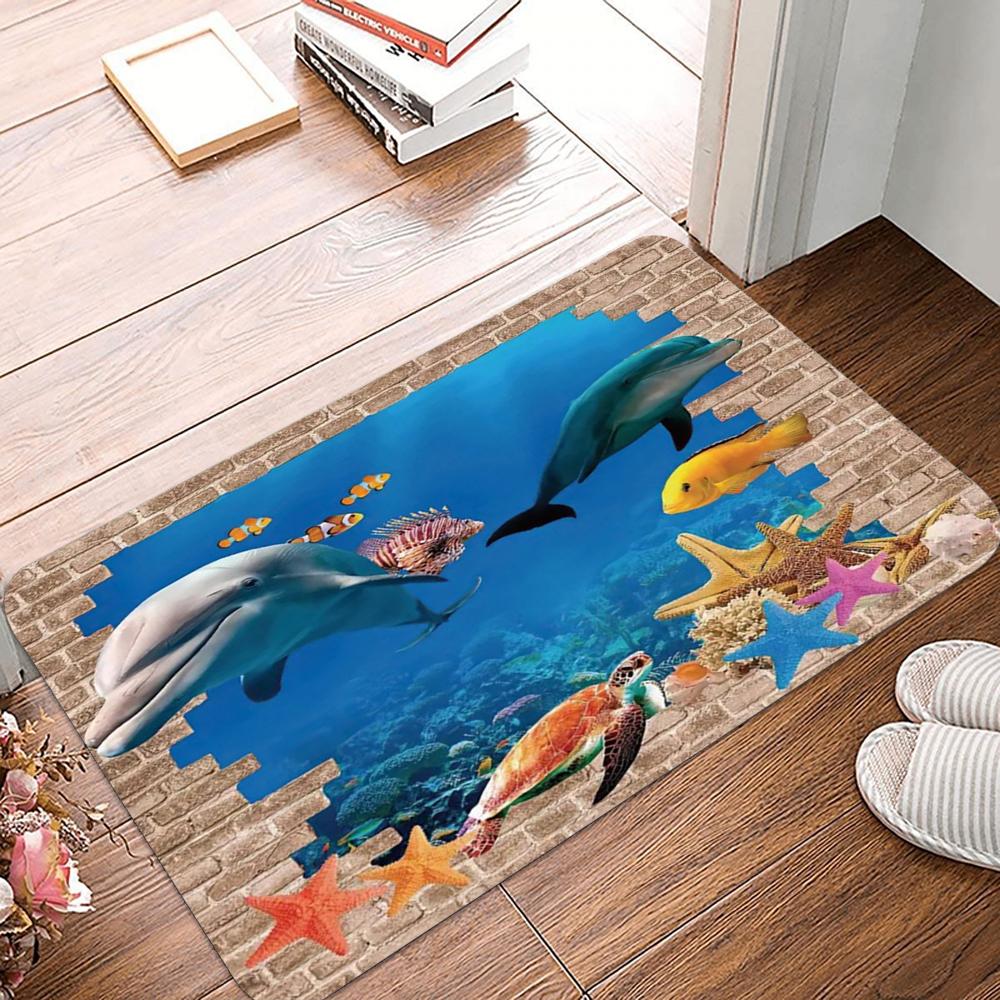 Grand Ocean Scene Door Mat with Whales Dolphins and Tropical Fish Non-slip Floor Rug for Entrance Home Decorative Mat