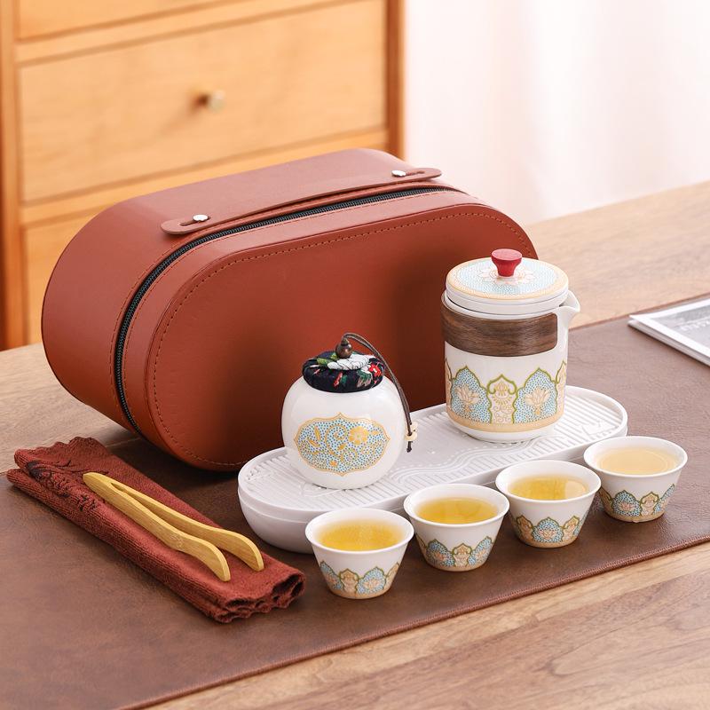 Portable Travel Kung Fu Tea Set: Compact Ceramic Teapot & Gaiwan for Outdoor Camping and Tea Enjoyment. Perfect Gift for Tea Lovers.