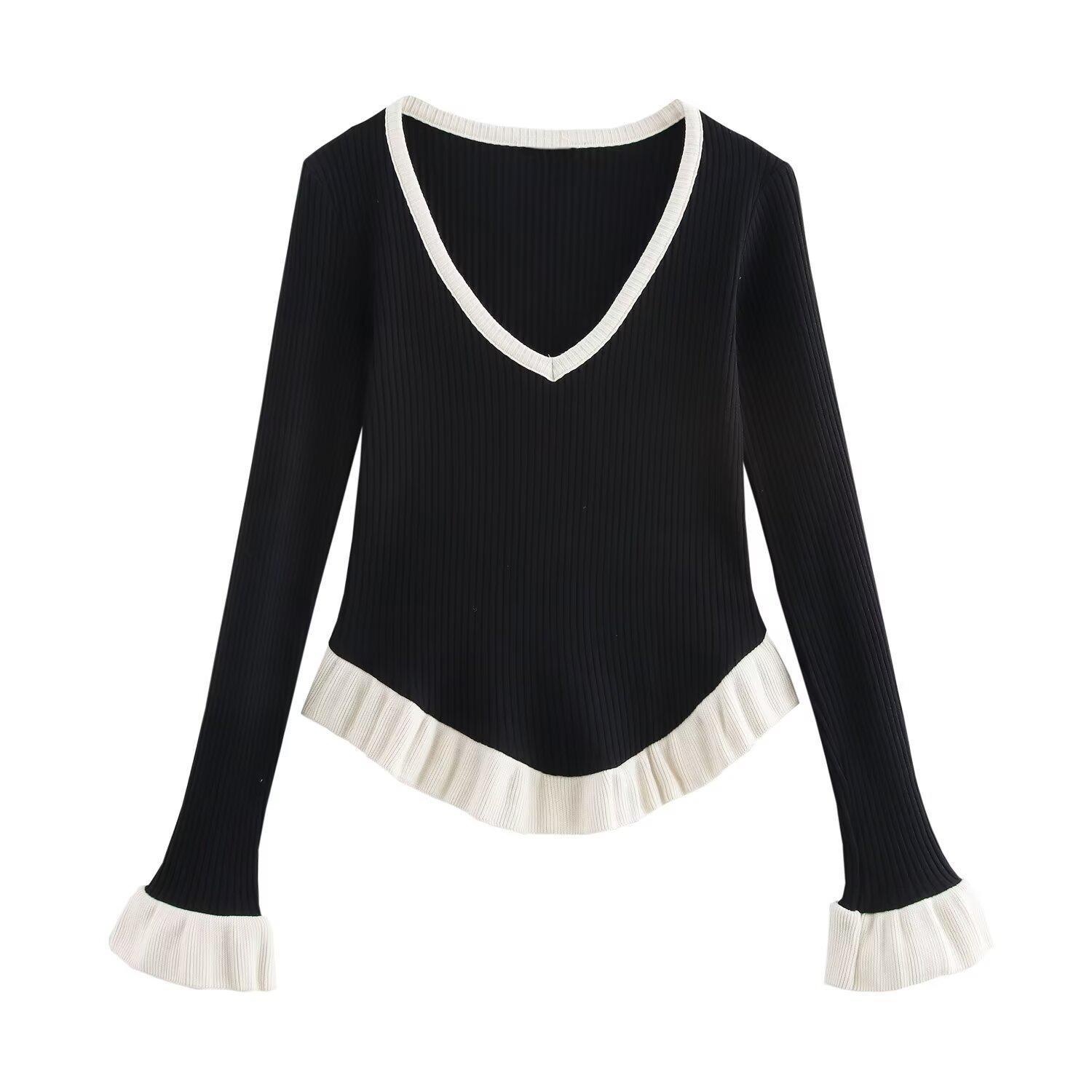 

2025 Spring Women s Layered V-Neck Long Sleeve Knit Top - Euro-American Style Small чёрный