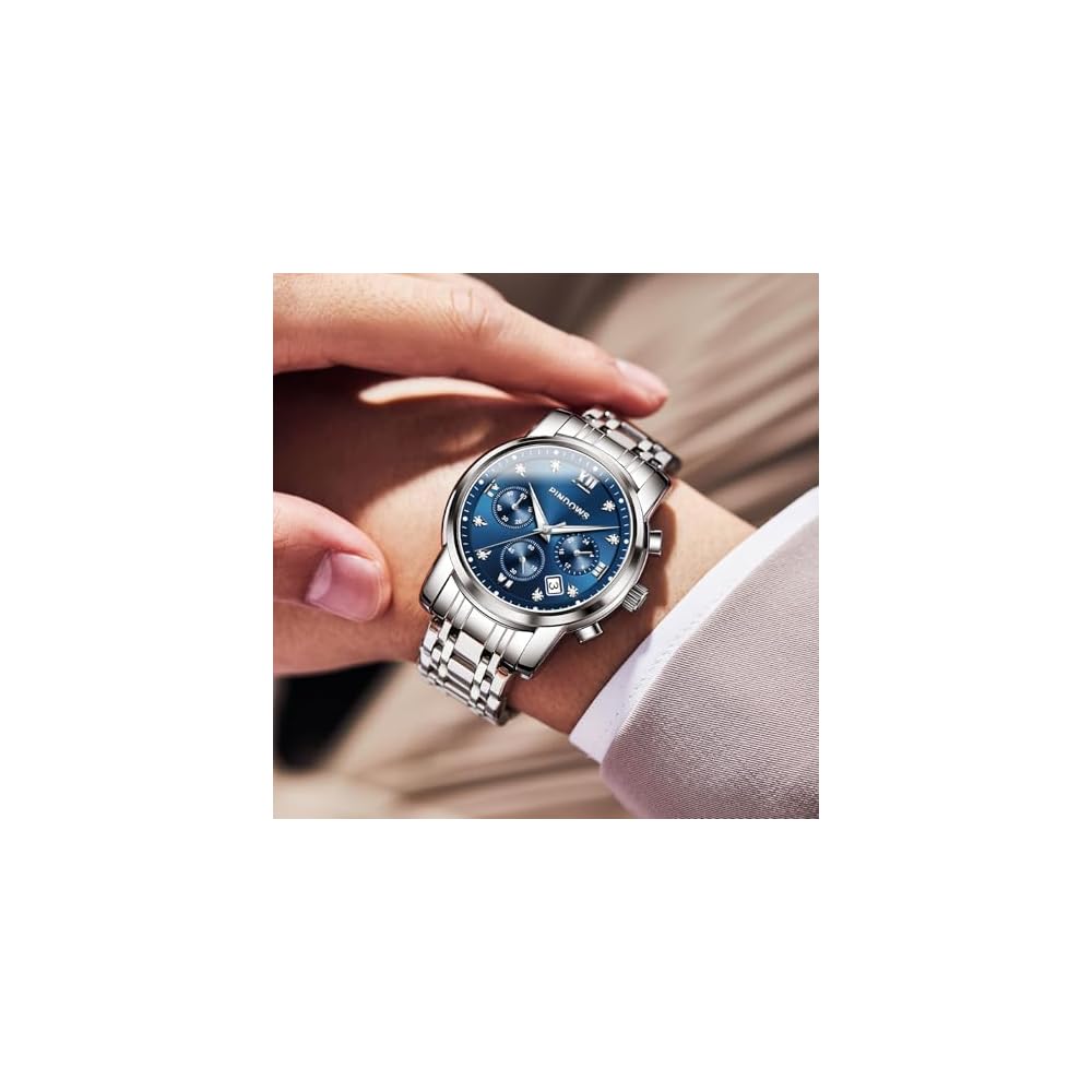 PINDOWS Men's Diamond Business Dress Analog Quartz Watch Waterproof Luminous Date Two-Tone Stainless Steel Band Classic Fashion Watch
