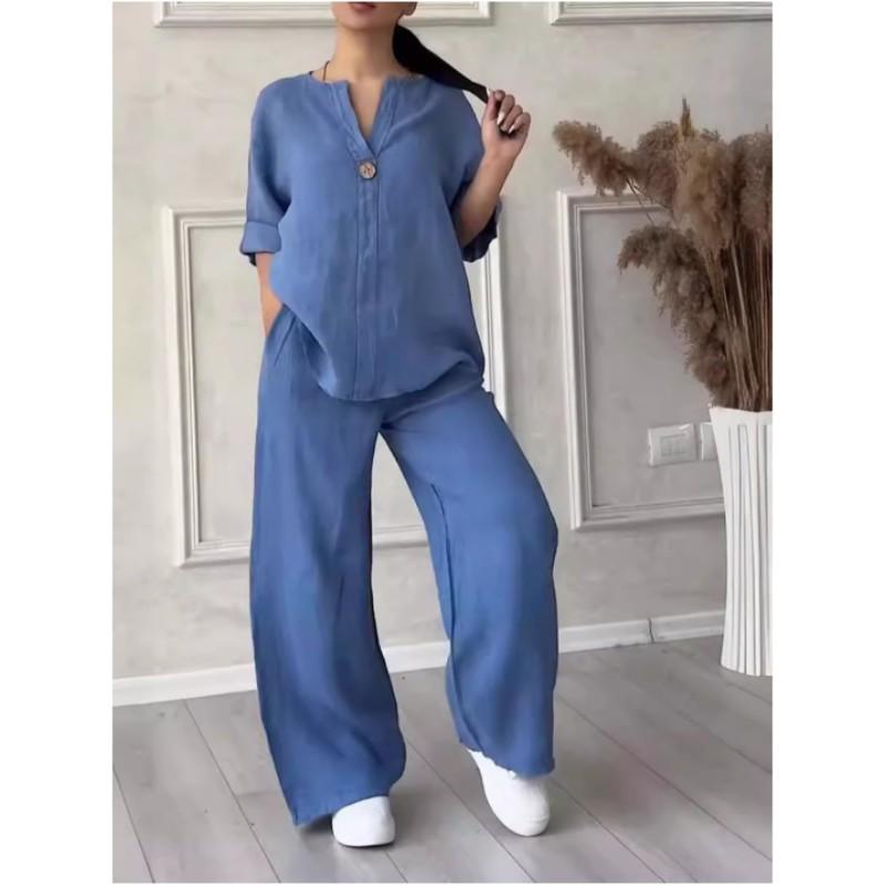 

Женские комплекты из хлопка и льна, два предмета, повседневная блузка/рубашка с длинным рукавом на пуговицах, свободные брюки с широкими штанинами и высокой эластичностью, костюмы больших размеров M