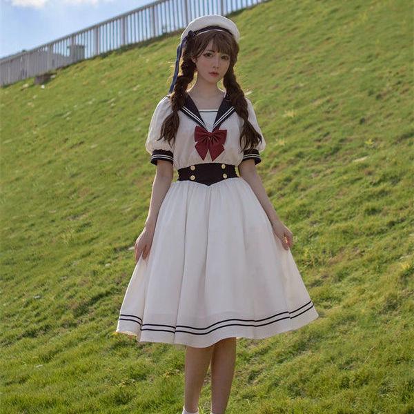 Vestido Lolita Lindo de Hermana Suave para Mujer Dulce Manga Abullonada Delgado Vestidos de Estudiante Fiesta Retro Niñas Lazo Cuello Marinero Vestidos