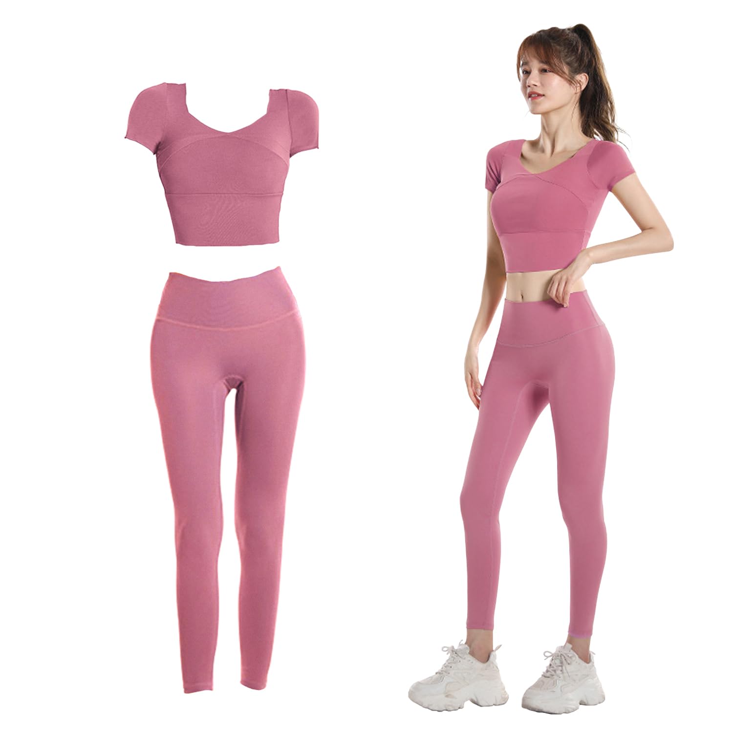 

SooPii Yoga Top and Bottom Sportswear and Training Set with Half Sports Yoga and Leggings and Women s Set, Wear, 2-Piece Sleeves, Bra, Pants, розовый
