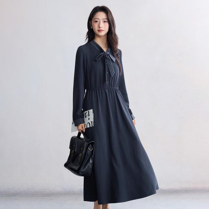 INMAN French Retro Plaid Bow-Tie Collar A-Line Long Dress XL