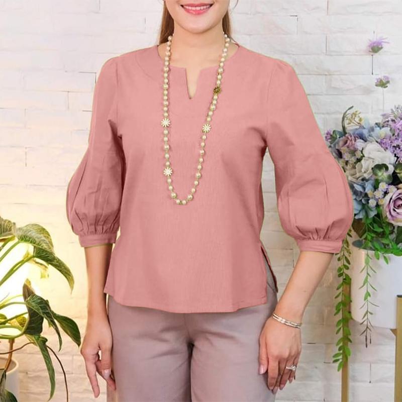 ZANZEA Women Casual V-Neck Solid Color Summer 3/4 Sleeve Blouse