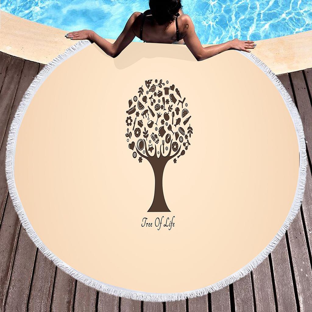 Tree of Life Round Beach Blanket with Tassels Polyester Sandproof Beach Towel,Absorbent Quick Dry Pool Towel Portable Picnic Mat