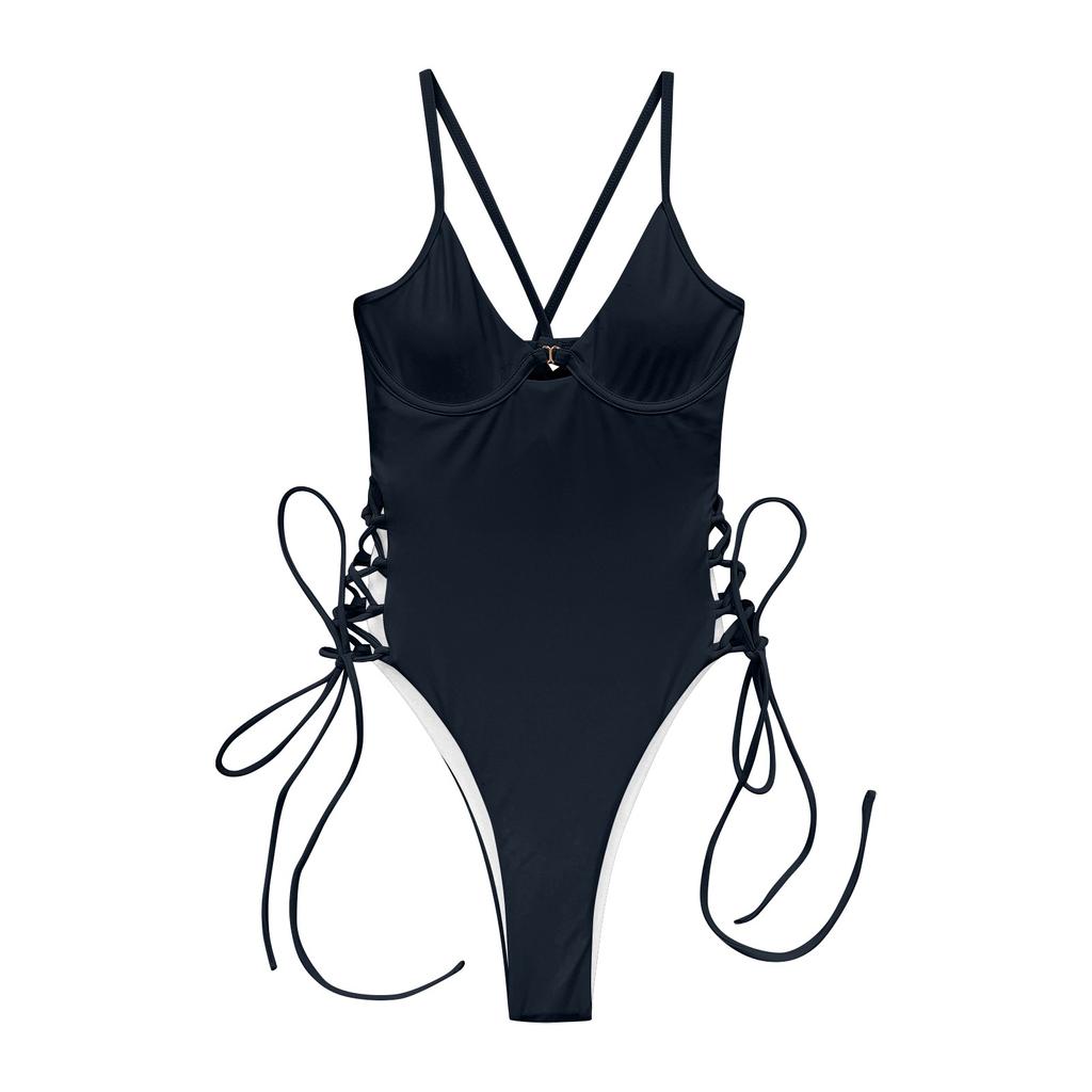 Women's One Piece Swimsuit Solid Color Beachwear Lace Up Side Design Adjustable Straps Padded Cups Swimwear