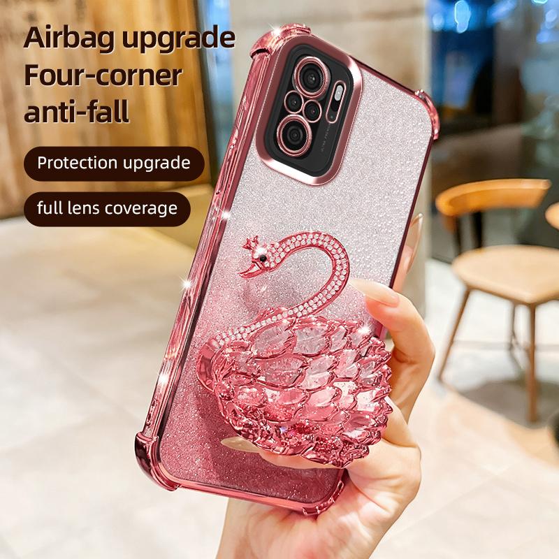 KEYSION Shockproof Plating TPU Phone Case for Redmi Note 10 10S 10 Pro 4G Glitter Jewelled Swan kickstand Back Cover for Xiaomi POCO M5S