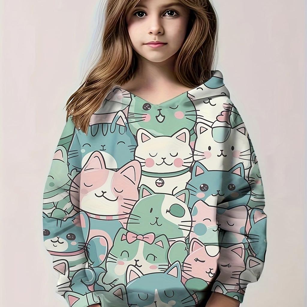 Kids Clothes Girl Hoodies Long Sleeve Cute 3D Cat Print Children Spring Fall Clothes Casual Cartoon Outdoor Girl Clothes Tops