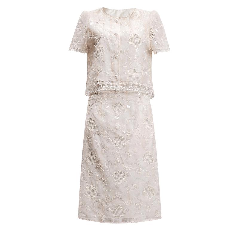 Lace Trim High-Waist A-Line Skirt Two-Piece Set