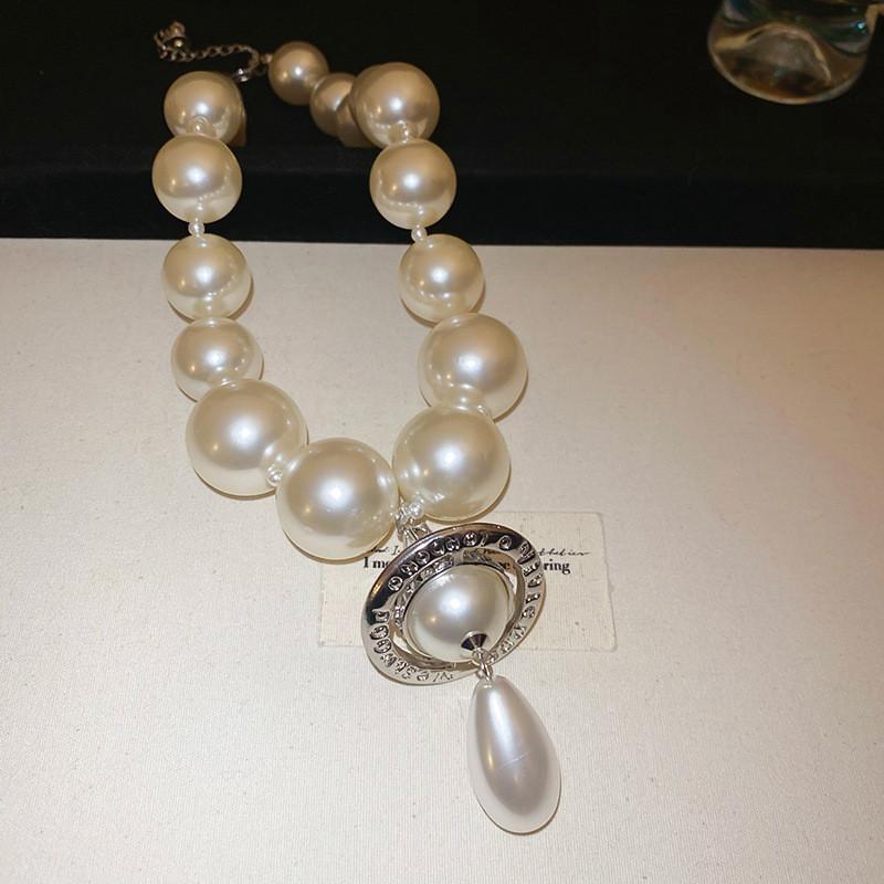 Saturn Pendant Necklace With Faux Pearl Chain For Elegant Women