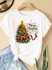 (Asian Size) watercolor letter new year T Clothing Short Sleeve T-shirts  Print merry Christmas o-neck Women's Top Fashion holiday Graphic Tee