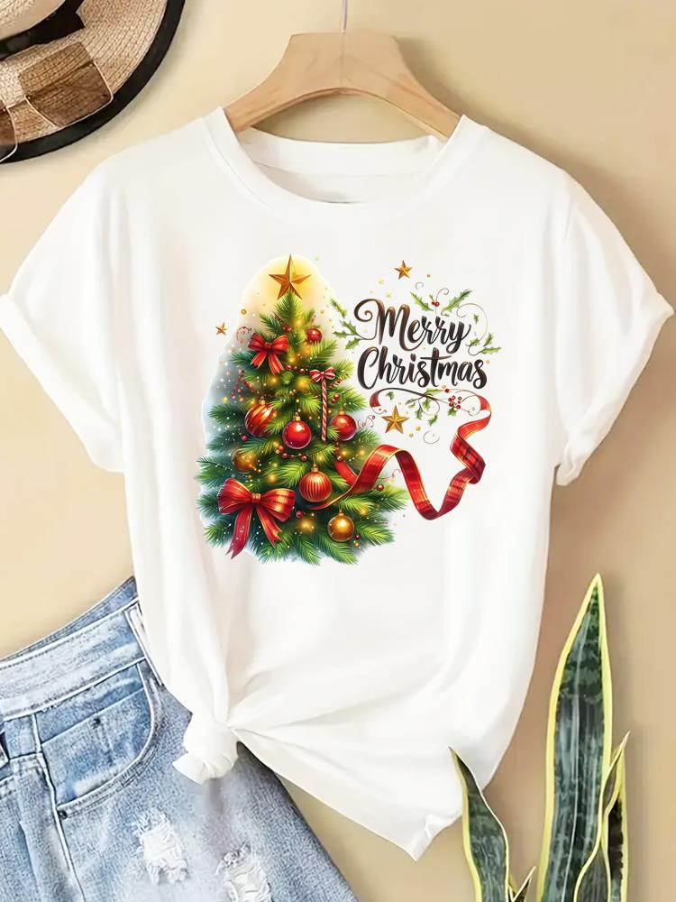 (Asian Size) watercolor letter new year T Clothing Short Sleeve T-shirts  Print merry Christmas o-neck Women's Top Fashion holiday Graphic Tee