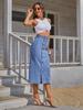 European & American Women's High-Waisted Buttoned Irregular Slit Midi Denim Skirt
