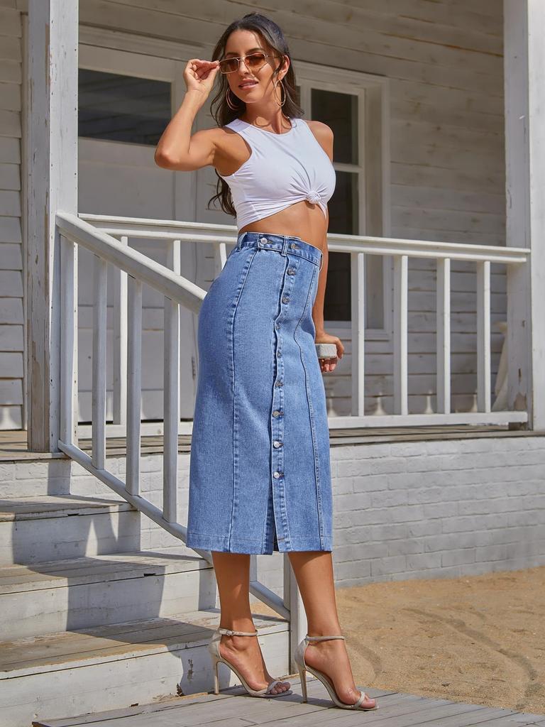 European & American Women's High-Waisted Buttoned Irregular Slit Midi Denim Skirt