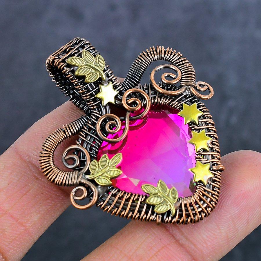 Bi-Color Tourmaline Gemstone Copper Wire Wrap Jewelry Pendant 2.05"