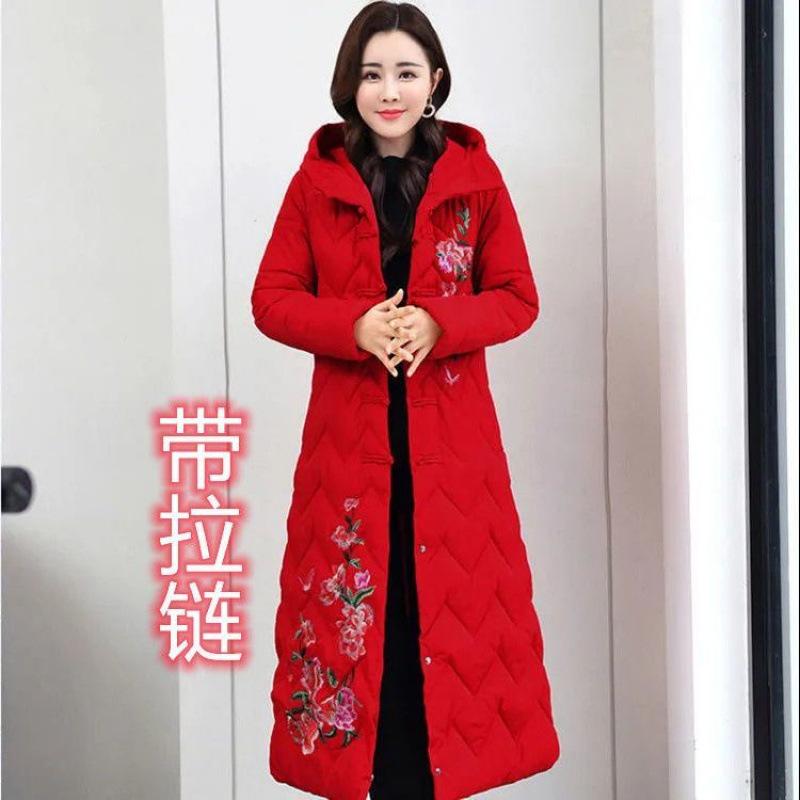 Mother's embroidered cotton-padded clothes with zipper Women's medium and long loose large size down cotton-padded clothes Winter cotton-padded