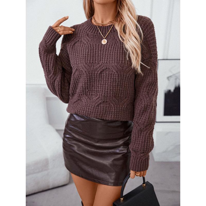Women's Sweater Autumn and Winter Solid Color Pullover Cable Crew Neck Chunky Sweater