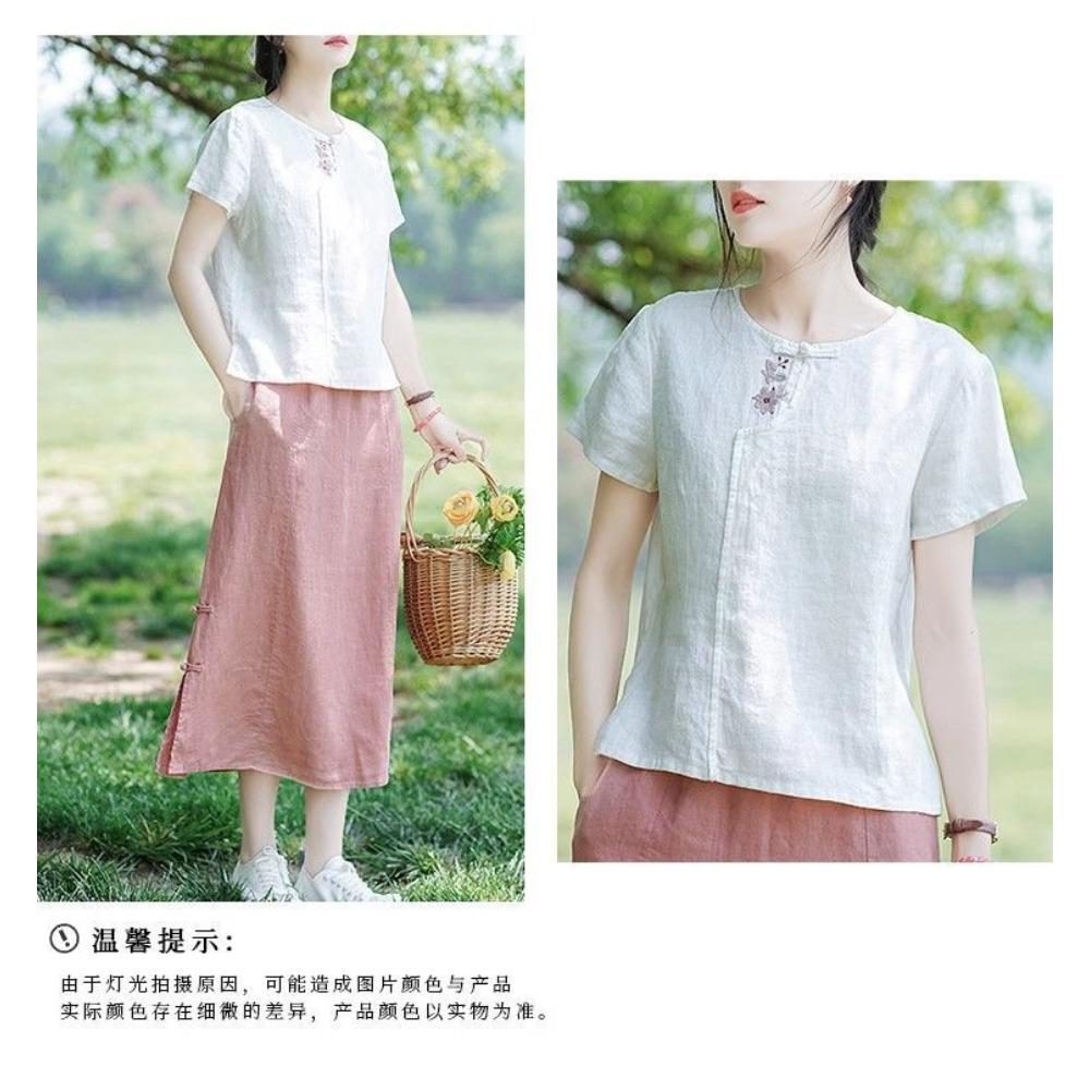 Spring and Summer Cotton and Linen Ethnic Style New Chinese Embroidery Short Sleeved T-shirt Retro Women's New Loose Casual Top
