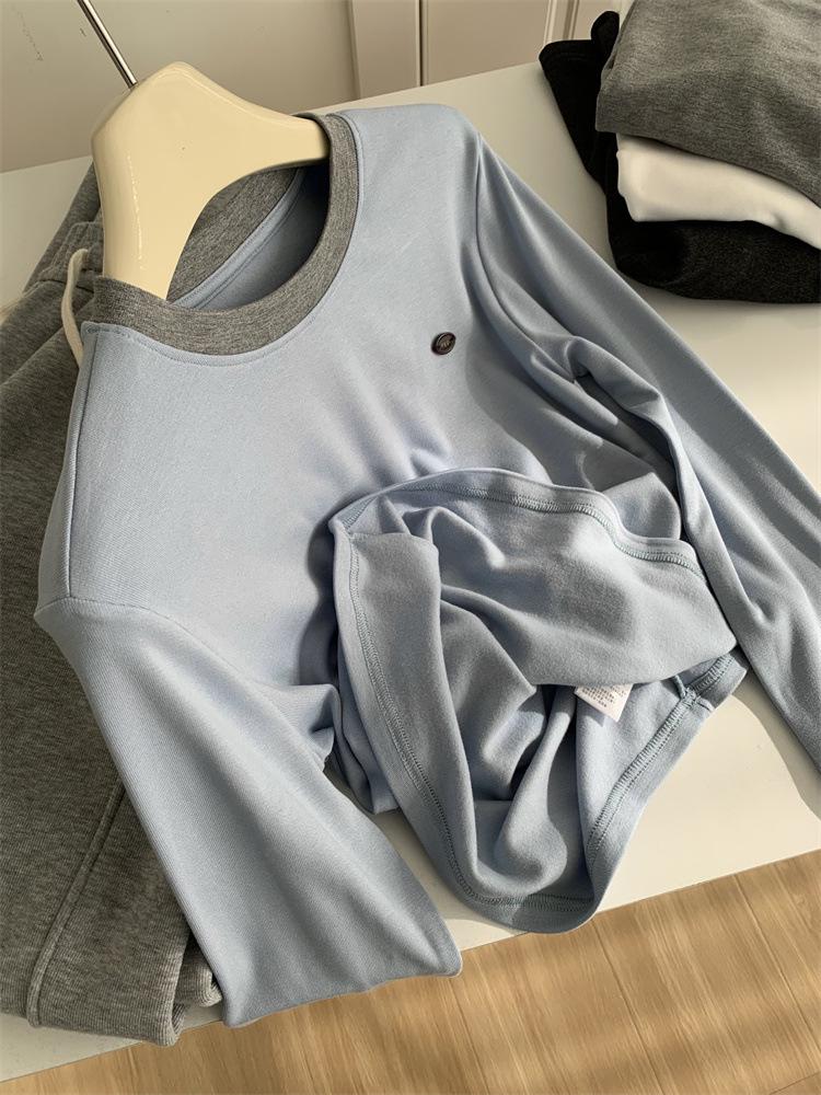 Women's Premium Color Block Round Neck Long Sleeve Fleece T-shirt - Autumn/Winter Imitation Cashmere Base Layer