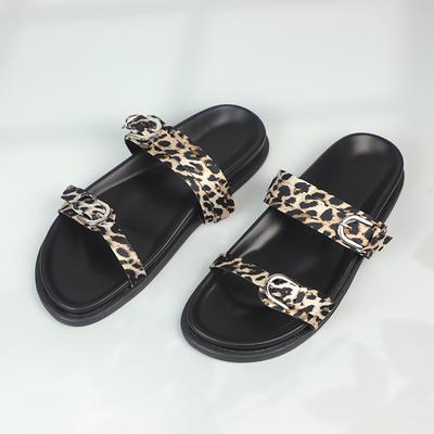 Summer Casual Flat Women Sandals Double Strap Buckle Design Open Toe Plus Size Leopard Print Platform Beach Shoes for Female